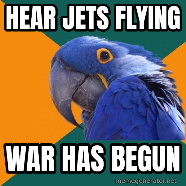 Paranoid Parrot meme: Hear jets flying / War has begun