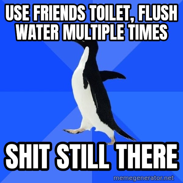 Socially Awkward Penguin meme: Use friends toilet, flush water multiple times / shit still there