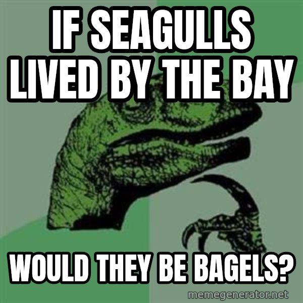 Philosoraptor meme: If seagulls lived by the bay / wOULD THEY BE bagels?