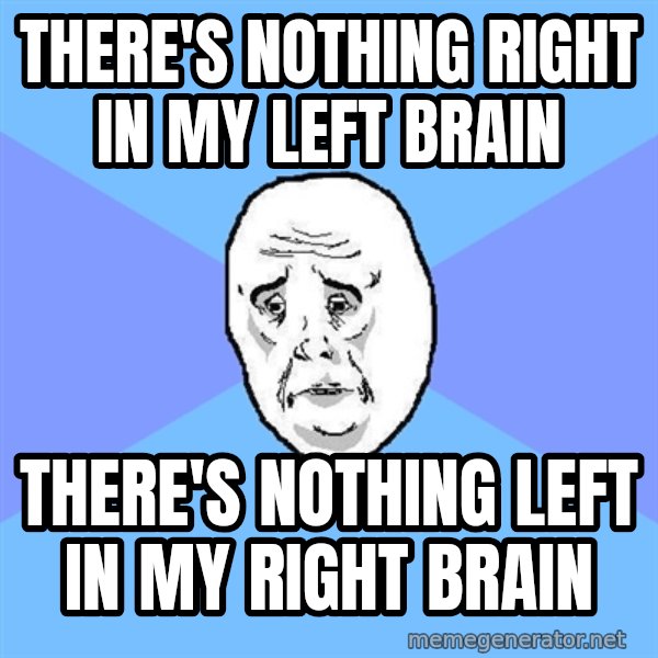 Okay Guy meme: THERE's Nothing right in my left brain / THERE's Nothing LEFT in my RIGHT brain