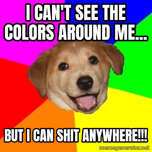 Advice Dog meme: I can't see the colors around me... / But I can shit anywhere!!!