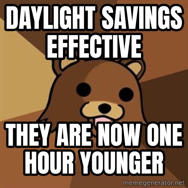 Pedobear meme: DAYLIGHT SAVINGS EFFECTIVE / THEY ARE NOW ONE HOUR YOUNGER
