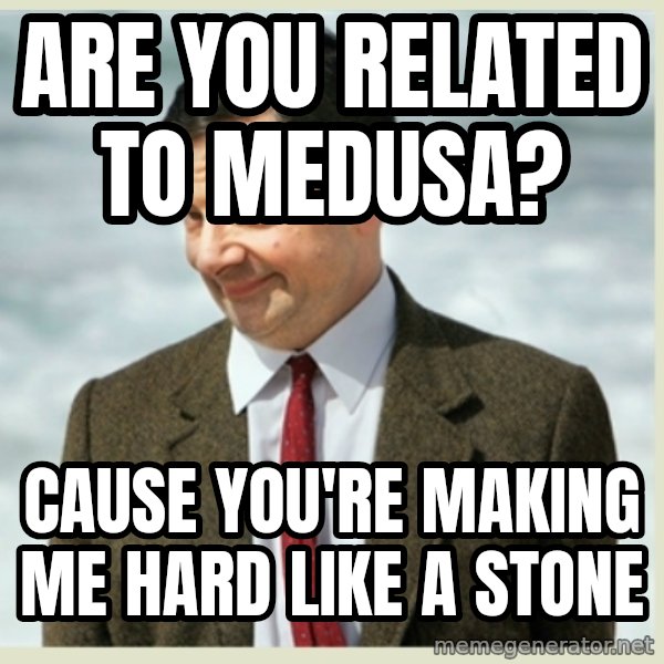 MR bean meme: are you related to medusa? / cause you're making me hard like a stone