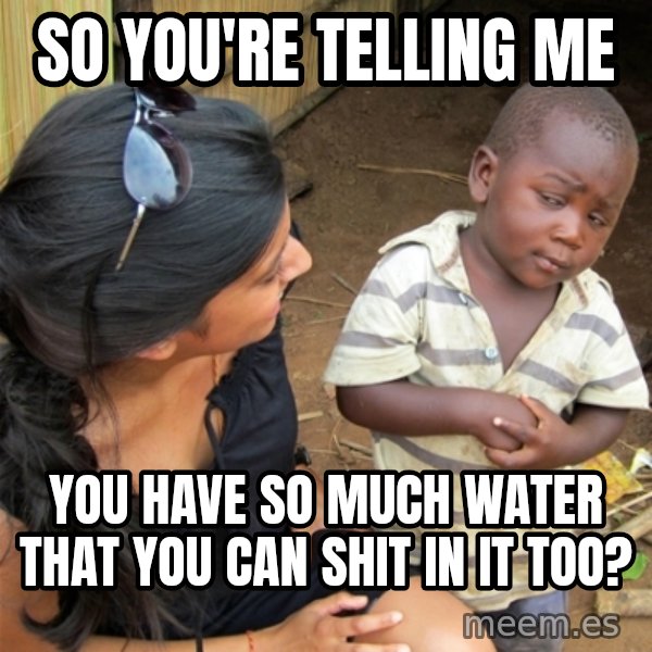 So You're Telling me meme: so you're telling me / you have so much water that you can shit in it too?