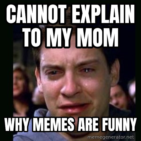 crying peter parker meme: cannot explain to my mom / why memes are funny