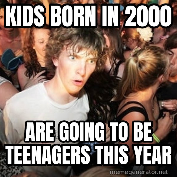 Sudden Realization Ralph meme: kids born in 2000 / are going to be teenagers this year