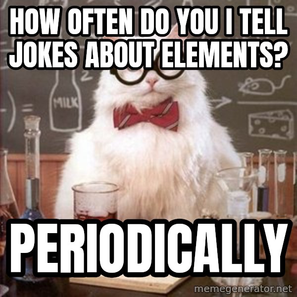 Chemistry Cat meme: how often do you i tell jokes about elements? / periodically