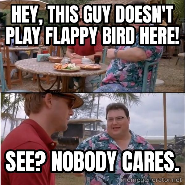 See? Nobody Cares meme: hey, this guy doesn't play flappy bird here! / see? Nobody cares.