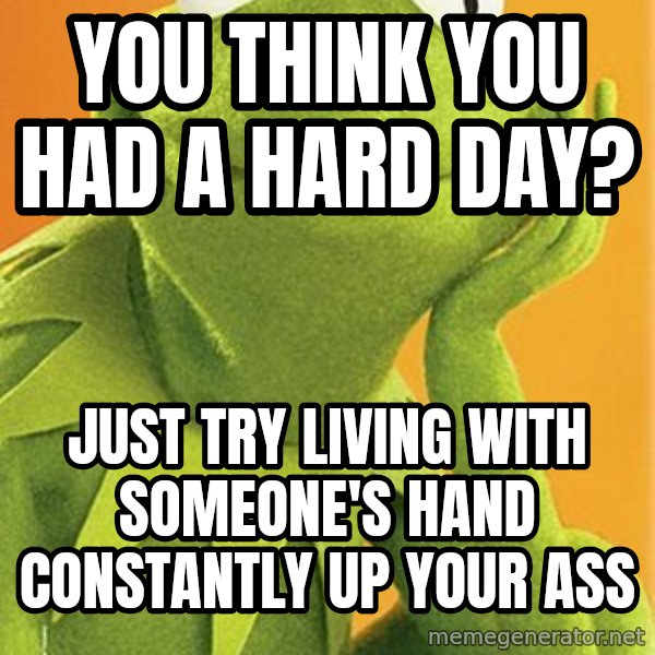 Kermit the frog meme: you think you had a hard day? / Just try living with someone's hand constantly up your ass
