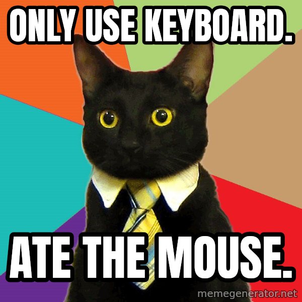 Business Cat meme: Only use keyboard. / Ate the mouse.