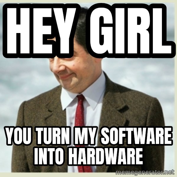 MR bean meme: hey girl / you turn my software into hardware