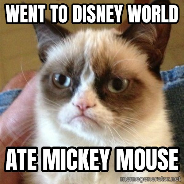 Grumpy Cat  meme: Went to disney world / ate mickey mouse