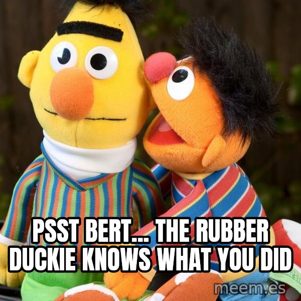 Ernie Whispers To Bert meme: Psst Bert... the rubber duckie knows what you did