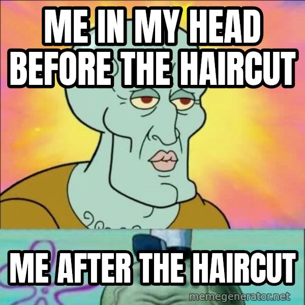 Handsome Squidward meme: Me in my head before the haircut / me after the haircut