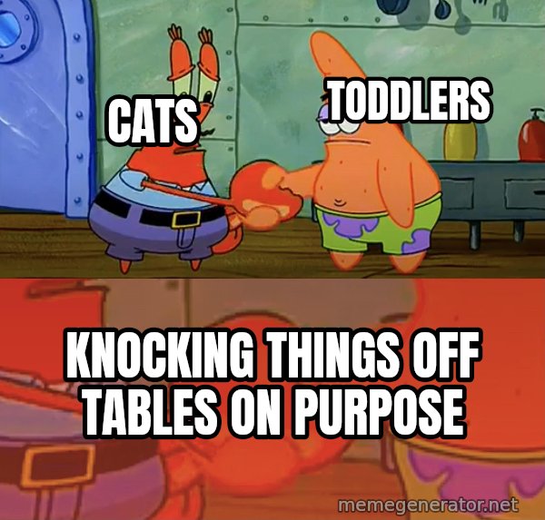 Mr. Krabs and Patrick Handshake meme: Cats / Toddlers / Knocking things off tables on purpose