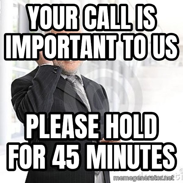 Harold's Business Call meme: Your call is important to us / please hold for 45 minutes