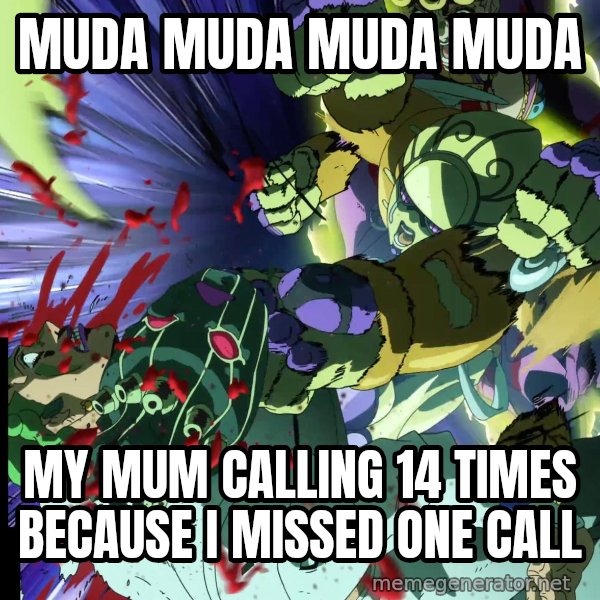 MUDA MUDA MUDA meme: MUDA MUDA MUDA MUDA / My mum calling 14 times because I missed one call